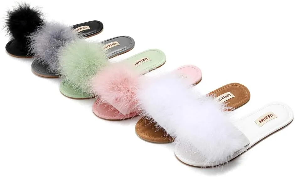 FAYUEKEY Women Fur Sexy Slippers Spring Summer Fluffy Cute PU Comfy Slides Sandals Indoor Outdoor Flats Shoes