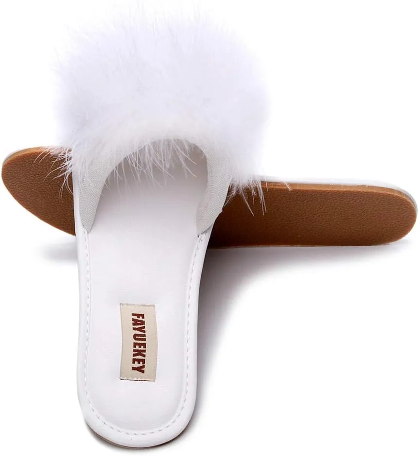 FAYUEKEY Women Fur Sexy Slippers Spring Summer Fluffy Cute PU Comfy Slides Sandals Indoor Outdoor Flats Shoes