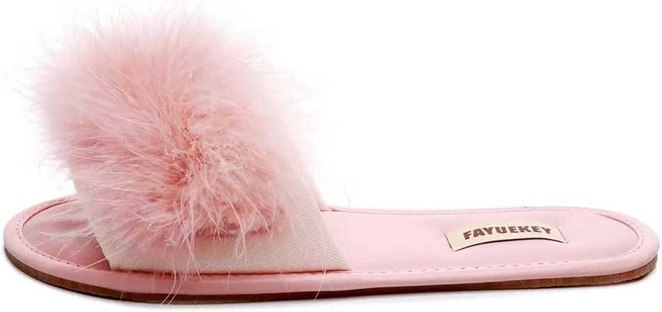 FAYUEKEY Women Fur Sexy Slippers Spring Summer Fluffy Cute PU Comfy Slides Sandals Indoor Outdoor Flats Shoes