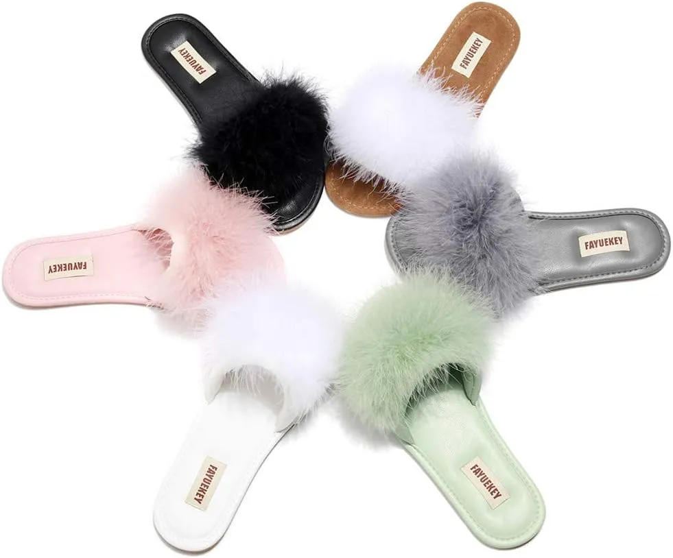 FAYUEKEY Women Fur Sexy Slippers Spring Summer Fluffy Cute PU Comfy Slides Sandals Indoor Outdoor Flats Shoes