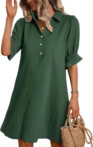 FENSACE Womens Casual Shirt Dress Ruffle Sleeve Solid Color Button Down Shift Summer Dresses with Pockets