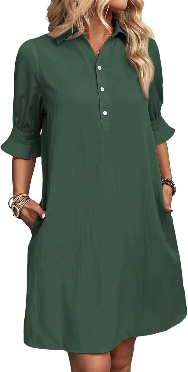 FENSACE Womens Casual Shirt Dress Ruffle Sleeve Solid Color Button Down Shift Summer Dresses with Pockets