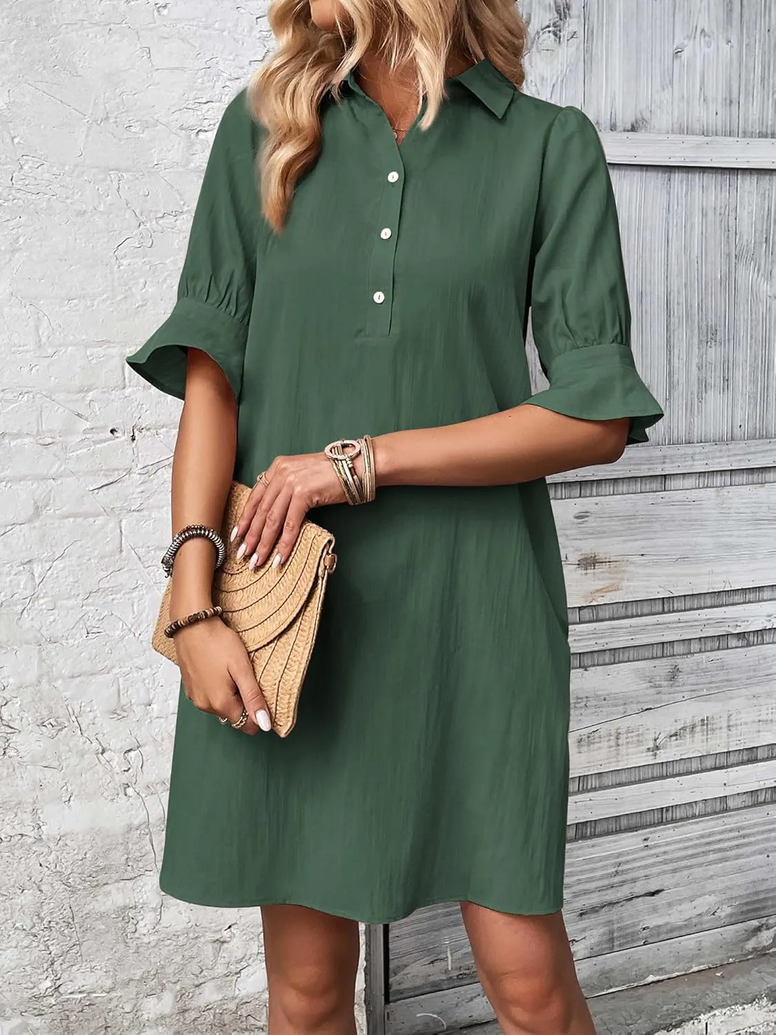 FENSACE Womens Casual Shirt Dress Ruffle Sleeve Solid Color Button Down Shift Summer Dresses with Pockets