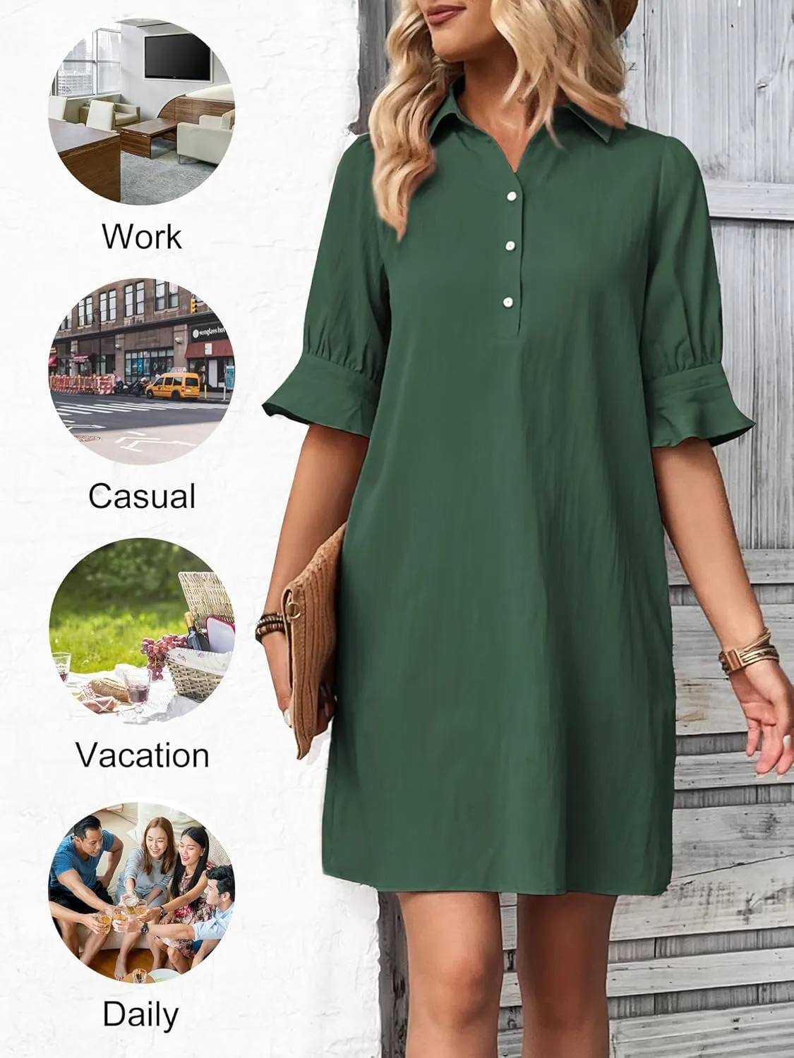 FENSACE Womens Casual Shirt Dress Ruffle Sleeve Solid Color Button Down Shift Summer Dresses with Pockets