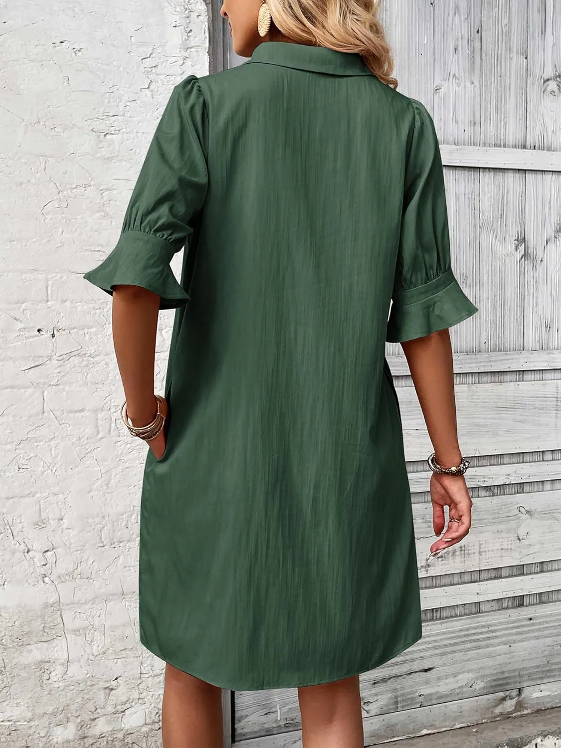 FENSACE Womens Casual Shirt Dress Ruffle Sleeve Solid Color Button Down Shift Summer Dresses with Pockets