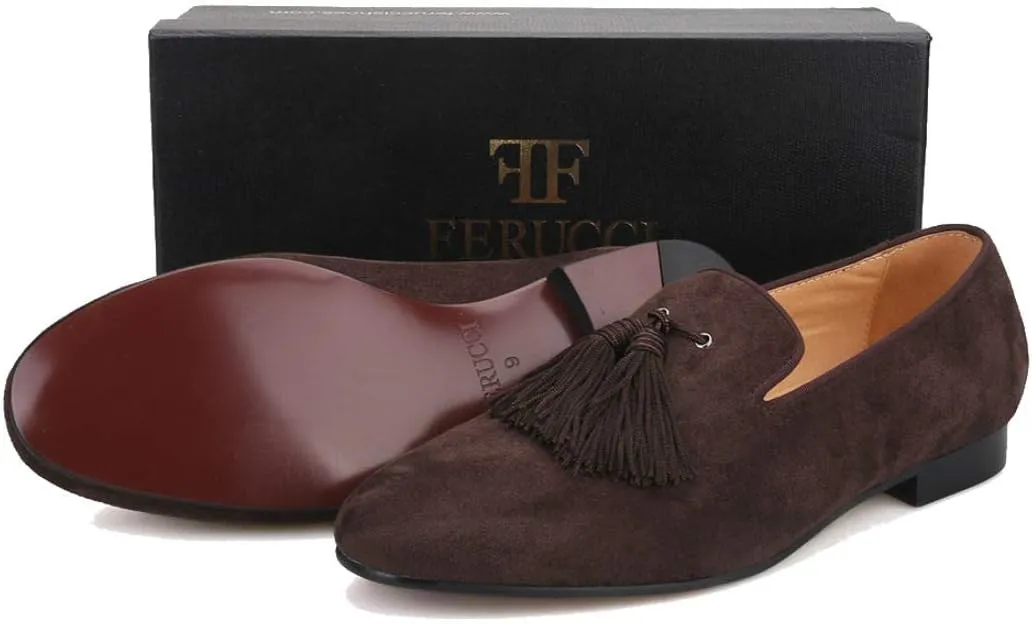 FERUCCI Men Dark Brown Suede Slippers Loafers Flat with Big Brown Tassel