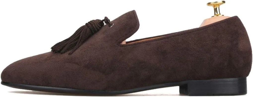 FERUCCI Men Dark Brown Suede Slippers Loafers Flat with Big Brown Tassel