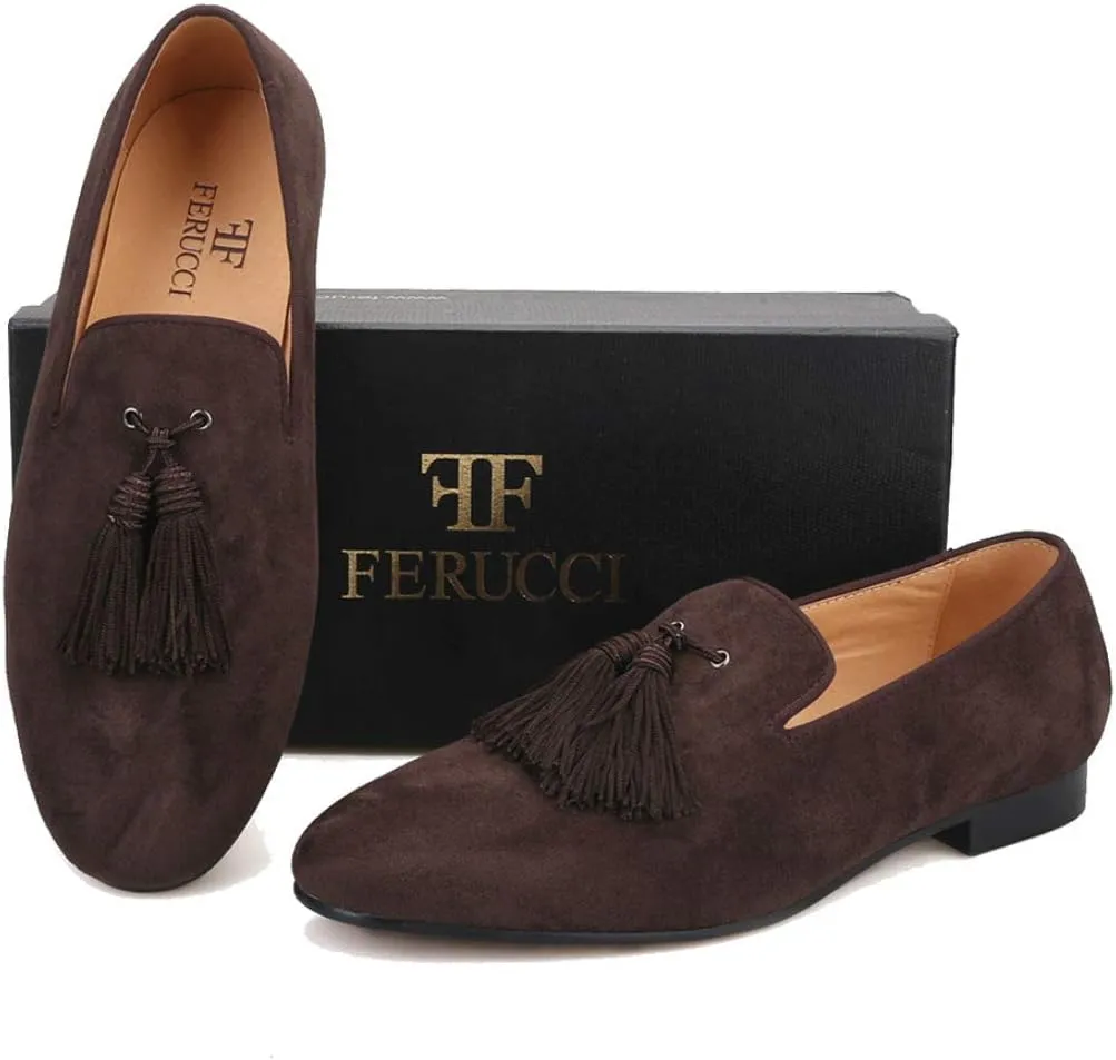 FERUCCI Men Dark Brown Suede Slippers Loafers Flat with Big Brown Tassel