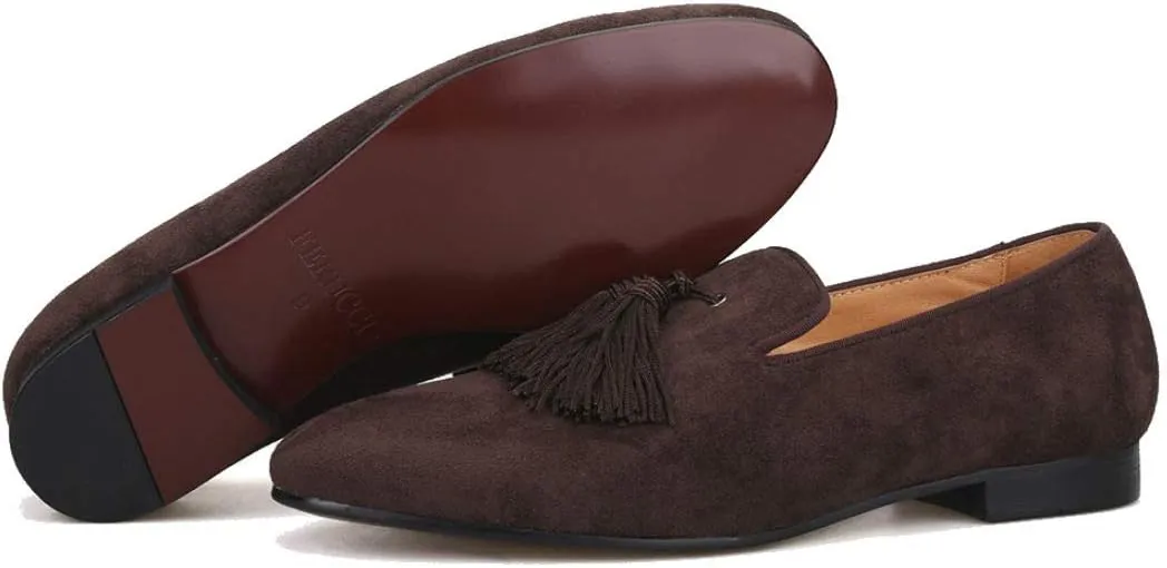 FERUCCI Men Dark Brown Suede Slippers Loafers Flat with Big Brown Tassel