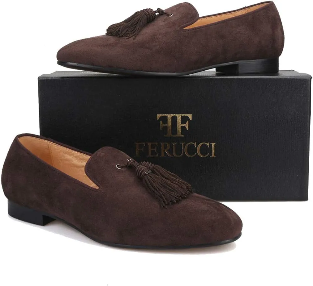 FERUCCI Men Dark Brown Suede Slippers Loafers Flat with Big Brown Tassel