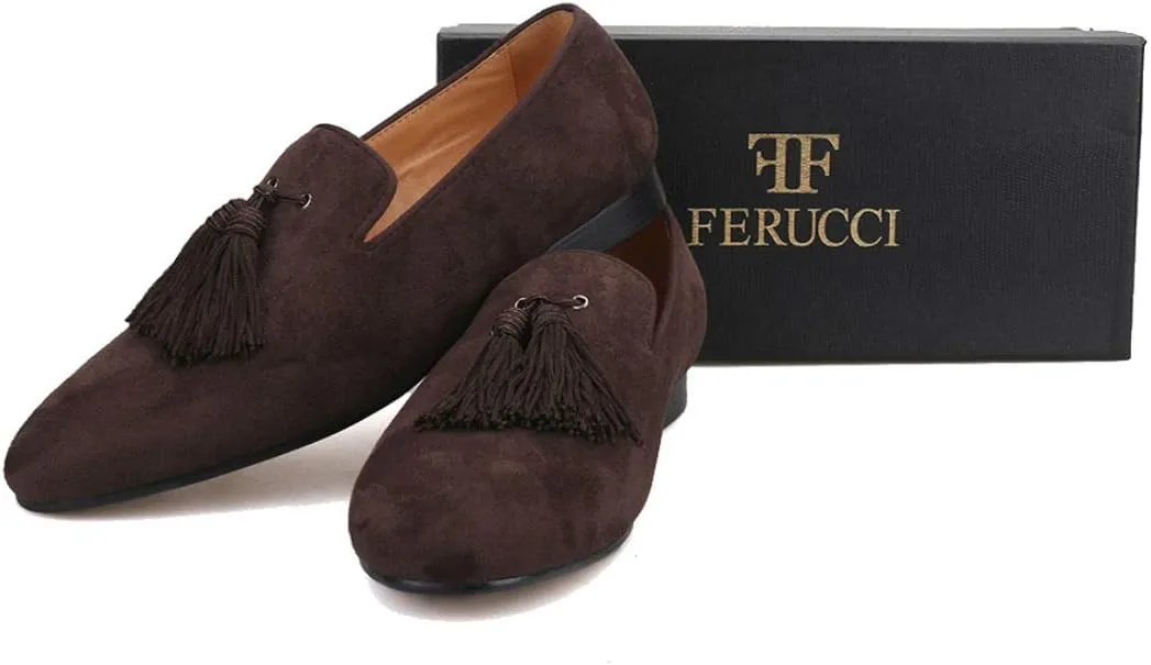 FERUCCI Men Dark Brown Suede Slippers Loafers Flat with Big Brown Tassel