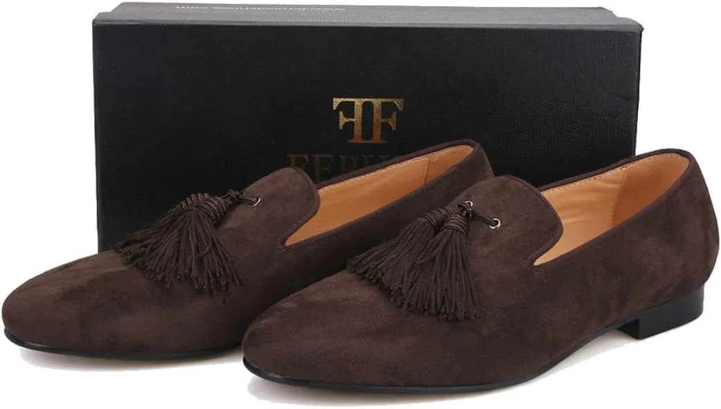 FERUCCI Men Dark Brown Suede Slippers Loafers Flat with Big Brown Tassel