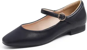 FEVERSOLE Women's Mary Jane Fashion Square Toe Padded Ankle Low Heel Slip On Flats