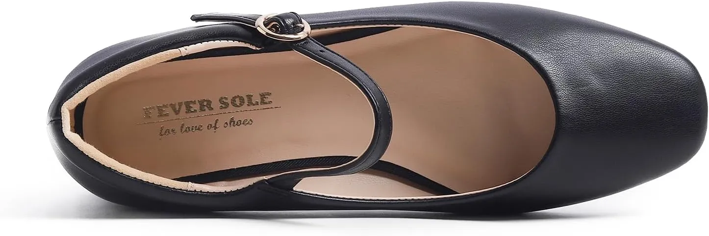 FEVERSOLE Women's Mary Jane Fashion Square Toe Padded Ankle Low Heel Slip On Flats