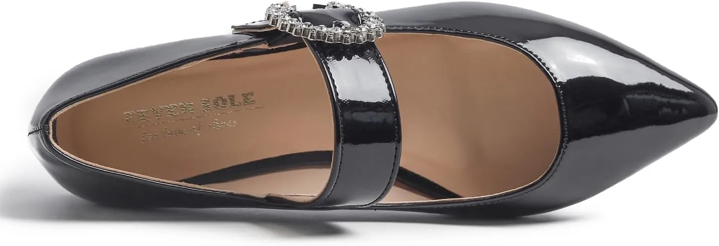 FEVERSOLE Women's Pointed Mary Jane Shoes Fashion Strap Buckle Slip On Flats