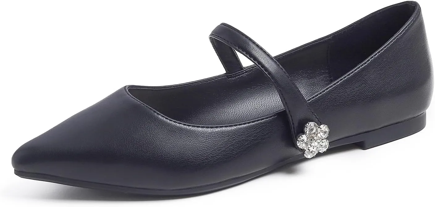 FEVERSOLE Women's Pointed Mary Jane Shoes Fashion Strap Buckle Slip On Flats