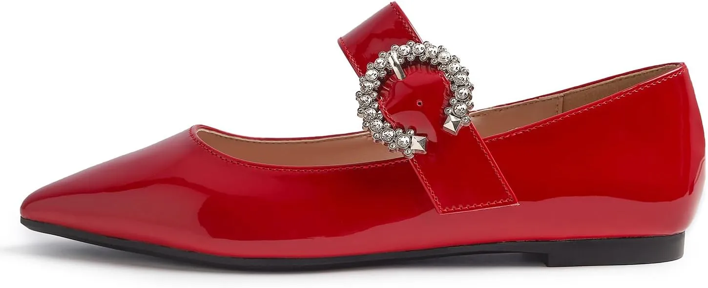 FEVERSOLE Women's Pointed Mary Jane Shoes Fashion Strap Buckle Slip On Flats
