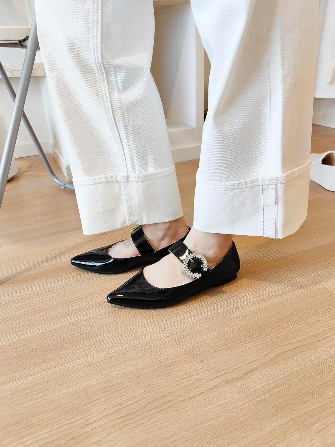 FEVERSOLE Women's Pointed Mary Jane Shoes Fashion Strap Buckle Slip On Flats