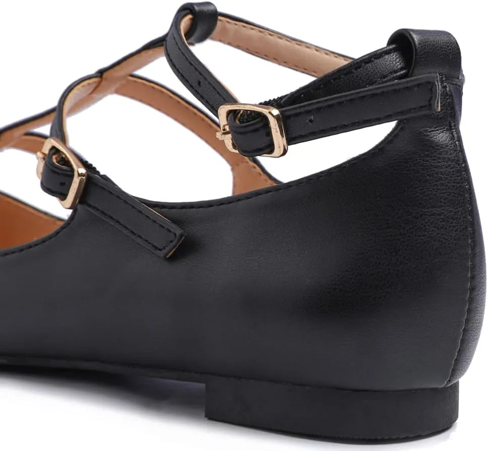 FEVERSOLE Women's Pointed Mary Jane Shoes Fashion Strap Buckle Slip On Flats