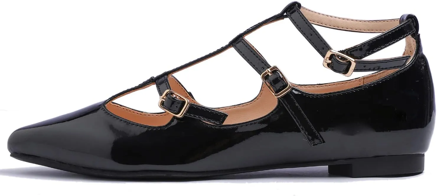 FEVERSOLE Women's Pointed Mary Jane Shoes Fashion Strap Buckle Slip On Flats