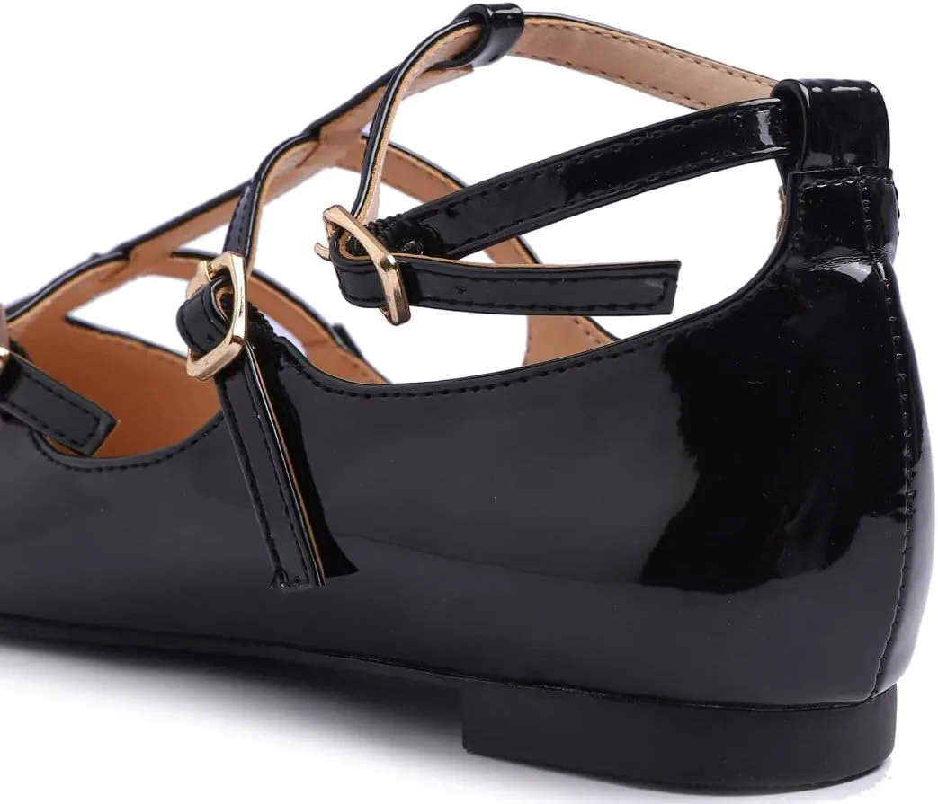 FEVERSOLE Women's Pointed Mary Jane Shoes Fashion Strap Buckle Slip On Flats