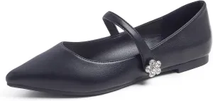 FEVERSOLE Women's Pointed Mary Jane Shoes Fashion Strap Buckle Slip On Flats