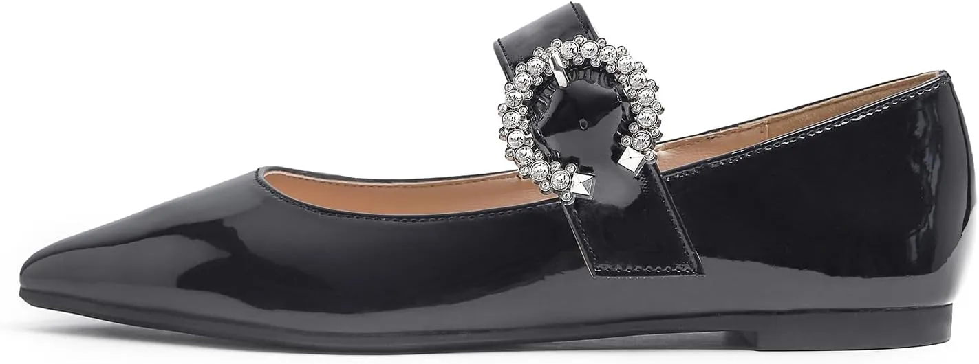 FEVERSOLE Women's Pointed Mary Jane Shoes Fashion Strap Buckle Slip On Flats