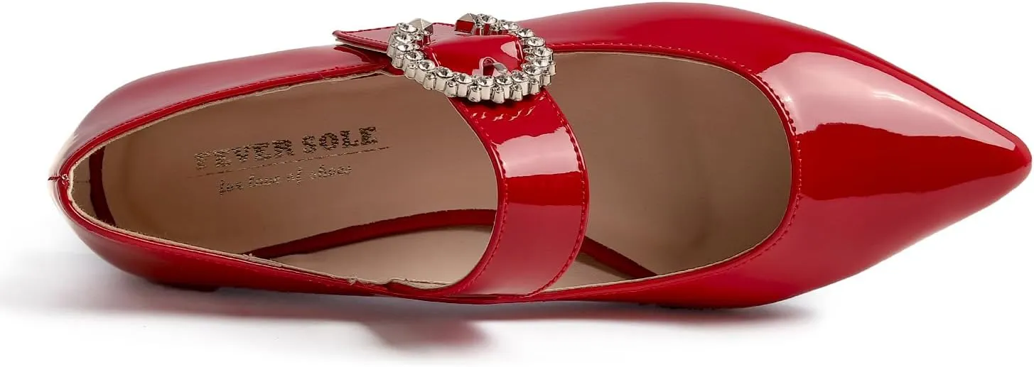 FEVERSOLE Women's Pointed Mary Jane Shoes Fashion Strap Buckle Slip On Flats