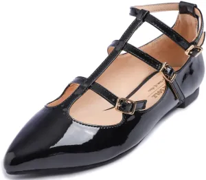 FEVERSOLE Women's Pointed Mary Jane Shoes Fashion Strap Buckle Slip On Flats