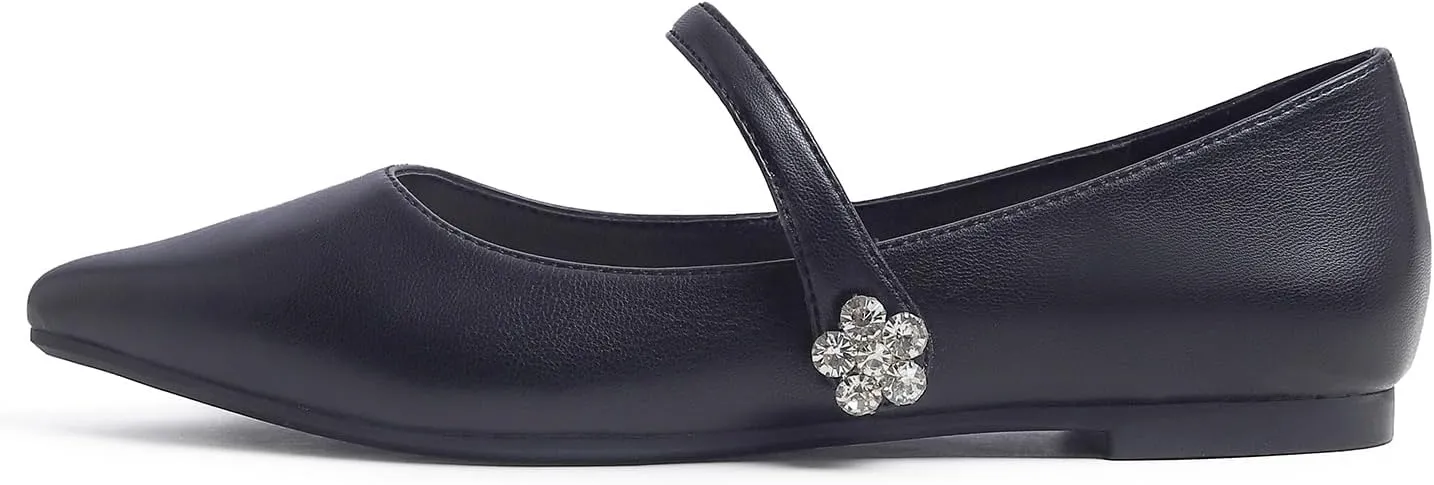 FEVERSOLE Women's Pointed Mary Jane Shoes Fashion Strap Buckle Slip On Flats