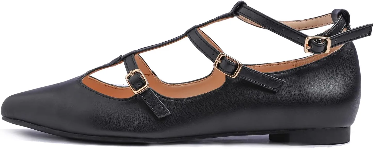FEVERSOLE Women's Pointed Mary Jane Shoes Fashion Strap Buckle Slip On Flats