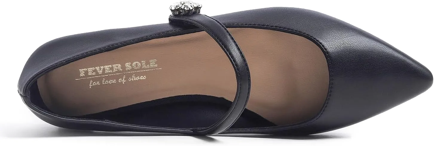 FEVERSOLE Women's Pointed Mary Jane Shoes Fashion Strap Buckle Slip On Flats