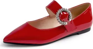 FEVERSOLE Women's Pointed Mary Jane Shoes Fashion Strap Buckle Slip On Flats