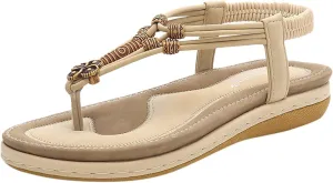 Flat Sandals for Women Comfortable Summer Lightweight Bohemia Cushion Walking Sandals with Elastic Ankle Strap
