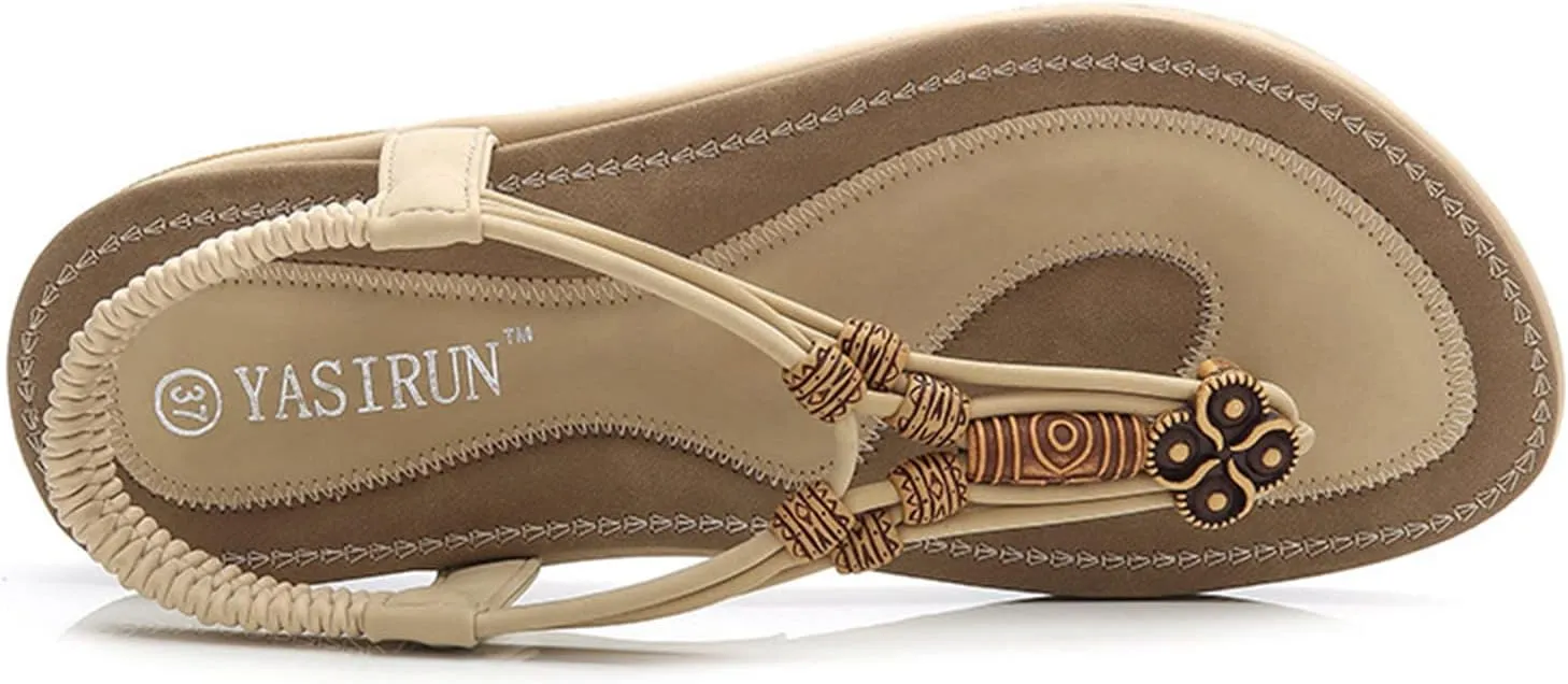 Flat Sandals for Women Comfortable Summer Lightweight Bohemia Cushion Walking Sandals with Elastic Ankle Strap