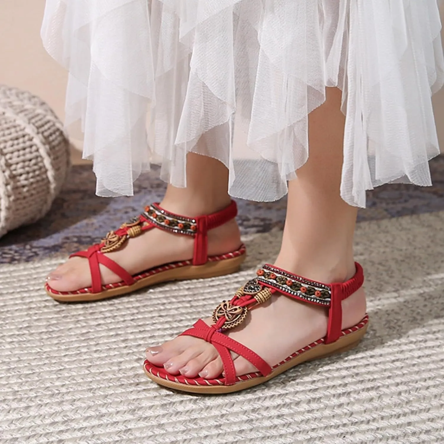 Flat Sandals for Women Dressy Wide Sparkly Rhinestone Strappy Flat Sandals Bridal Wedding Dress Shoes Fashion Sandals