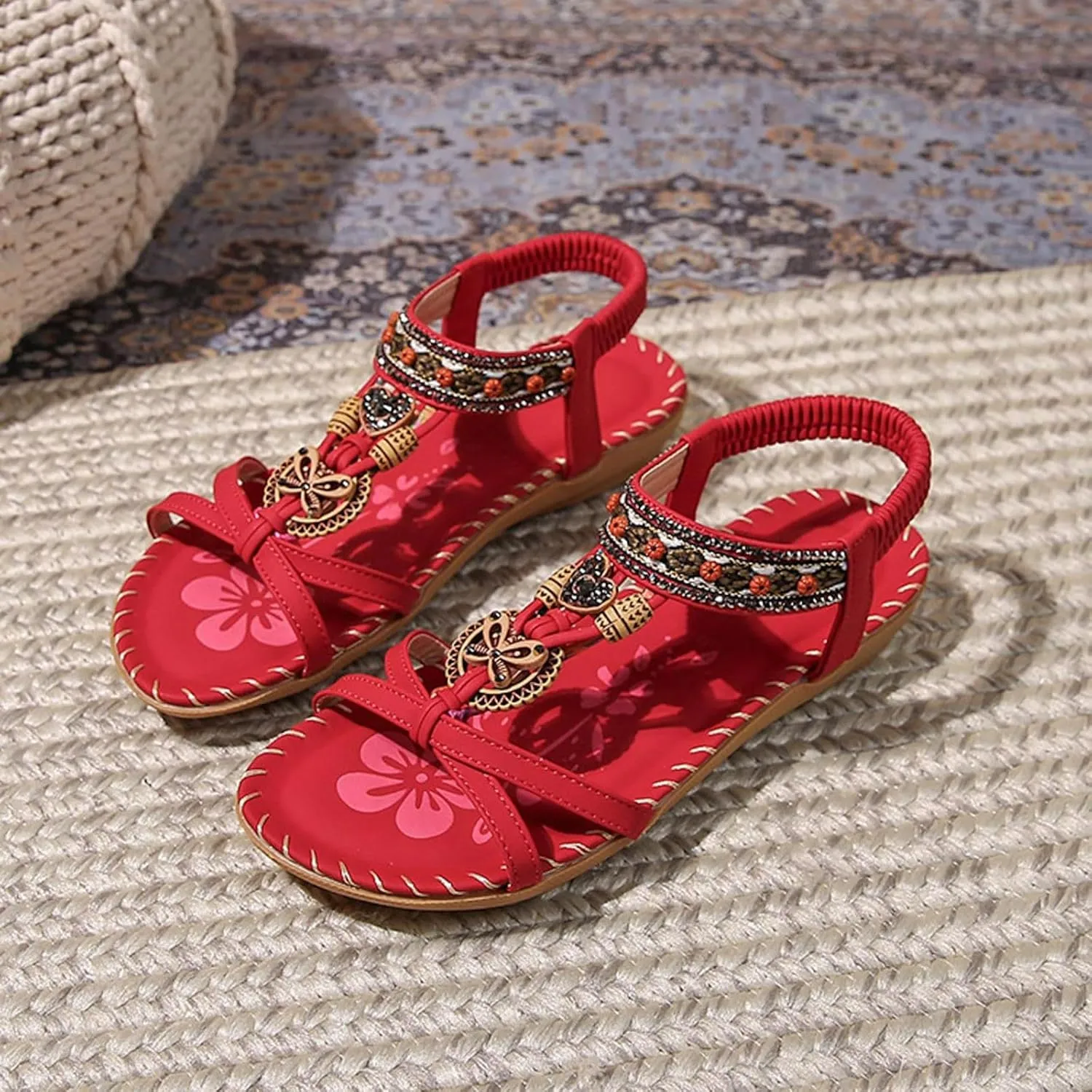 Flat Sandals for Women Dressy Wide Sparkly Rhinestone Strappy Flat Sandals Bridal Wedding Dress Shoes Fashion Sandals