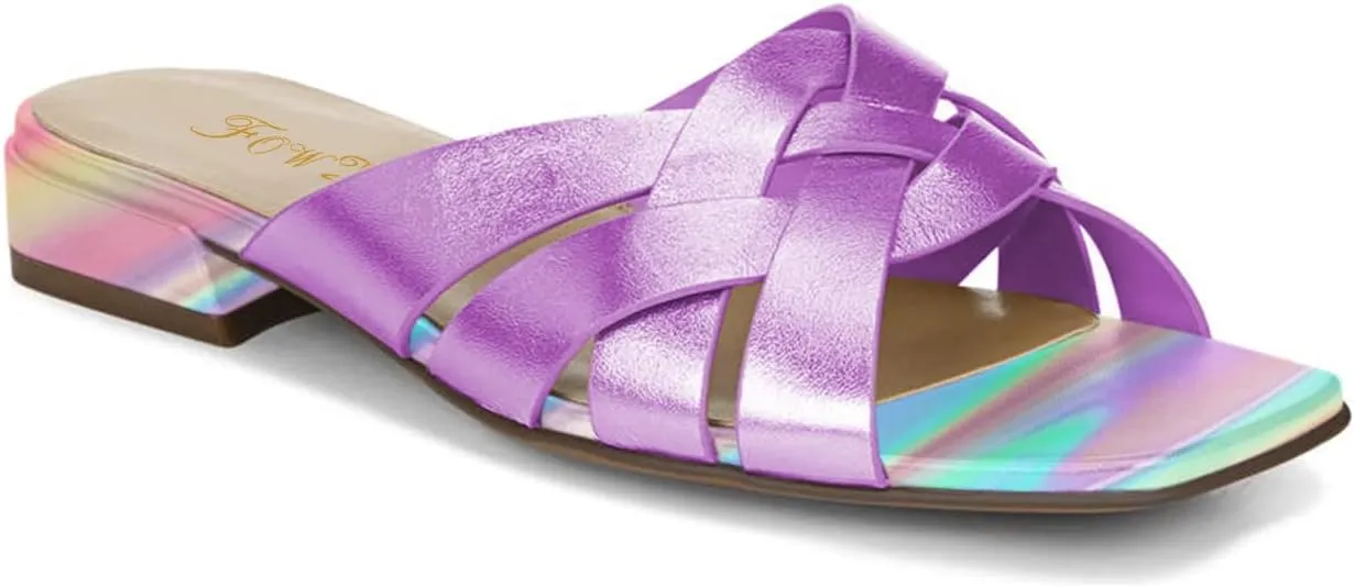 FOWT Women’s Braided Slide Sandals Cross Strappy Flats Backless Square Open Toe Slippers Low Heels Slip On Golden Shoe Synthetic Leather Hollow Design for Driving Working Leisure Time Size 4-16 US