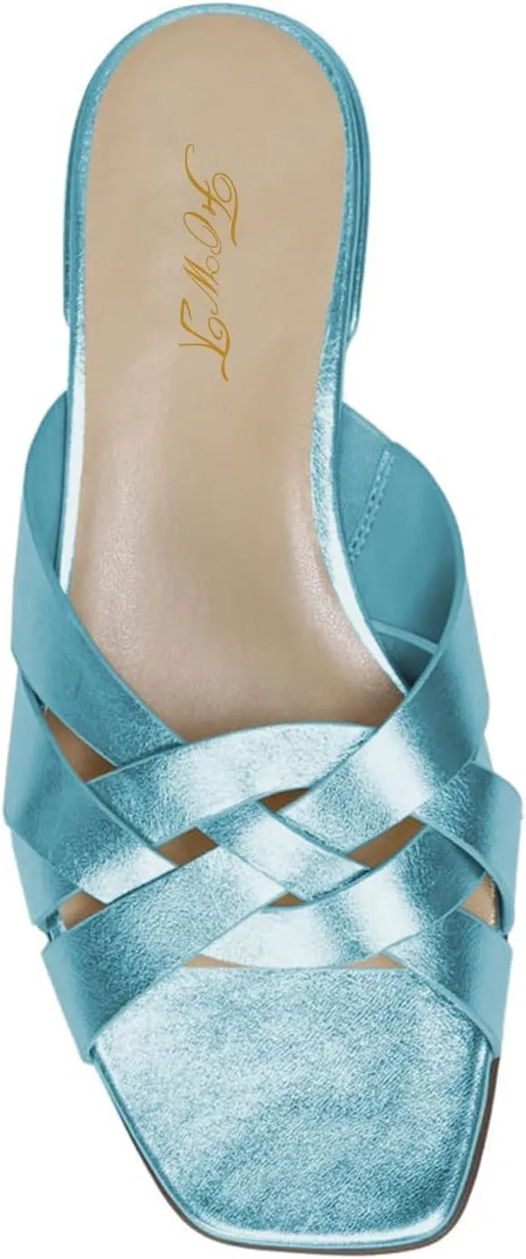 FOWT Women’s Braided Slide Sandals Cross Strappy Flats Backless Square Open Toe Slippers Low Heels Slip On Golden Shoe Synthetic Leather Hollow Design for Driving Working Leisure Time Size 4-16 US