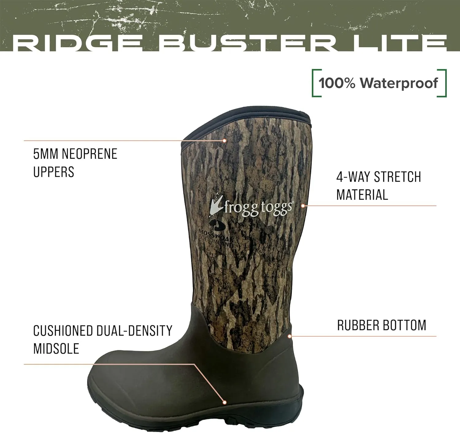 FROGG TOGGS Men's Ridge Buster Lite Rubber and Stretch Neoprene Waterproof Boot
