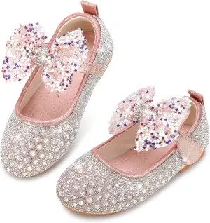 Girls Dress Shoes Mary Jane Princess Shoes Girls' Flats Glitter Low Heels Flower Wedding Party Footwear for Toddler Little/Big Kid