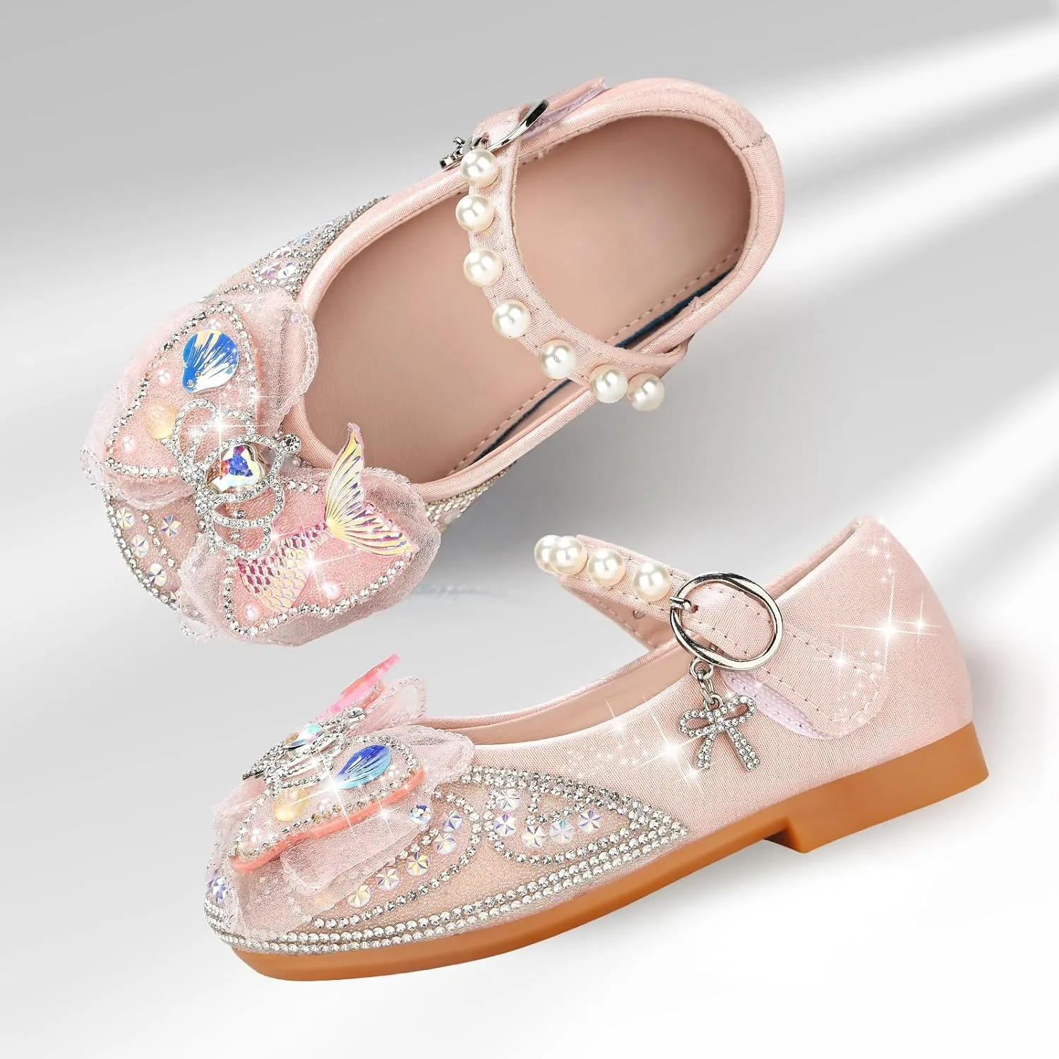 Girls Dress Shoes Mary Jane Princess Shoes Girls' Flats Glitter Low Heels Flower Wedding Party Footwear for Toddler Little/Big Kid
