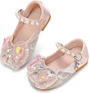Girls Dress Shoes Mary Jane Princess Shoes Girls' Flats Glitter Low Heels Flower Wedding Party Footwear for Toddler Little/Big Kid