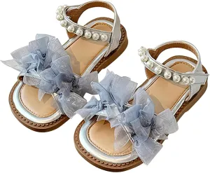 Girls Mesh Pearl Flat Sandals Open Toe Pearl Strap Princess Bridesmaid Party Dress Shoes Kids Cute Summer Shoes