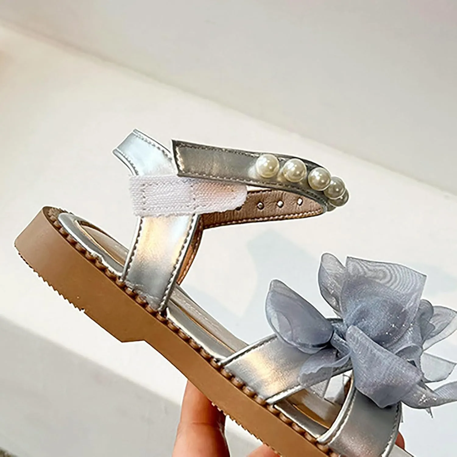 Girls Mesh Pearl Flat Sandals Open Toe Pearl Strap Princess Bridesmaid Party Dress Shoes Kids Cute Summer Shoes