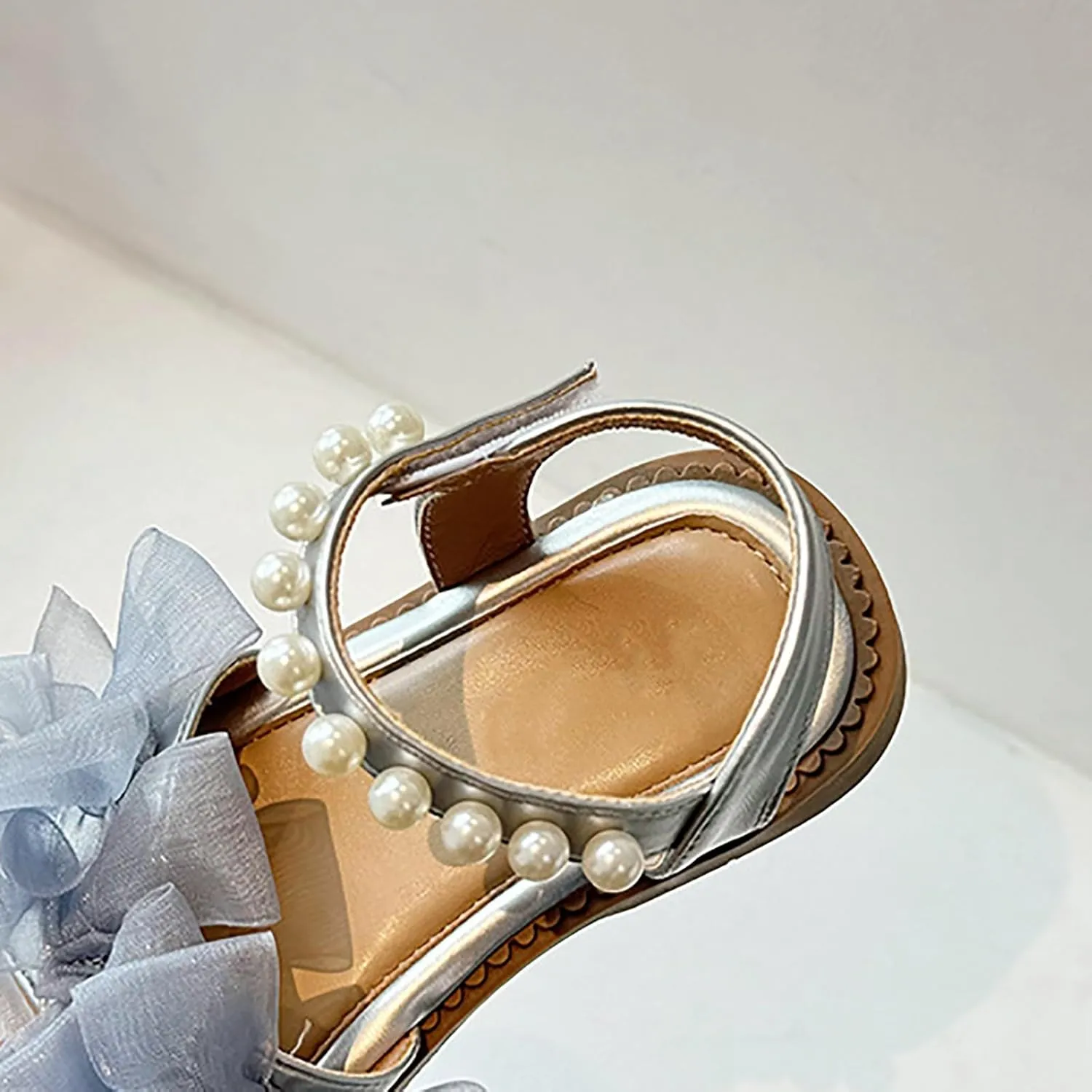 Girls Mesh Pearl Flat Sandals Open Toe Pearl Strap Princess Bridesmaid Party Dress Shoes Kids Cute Summer Shoes