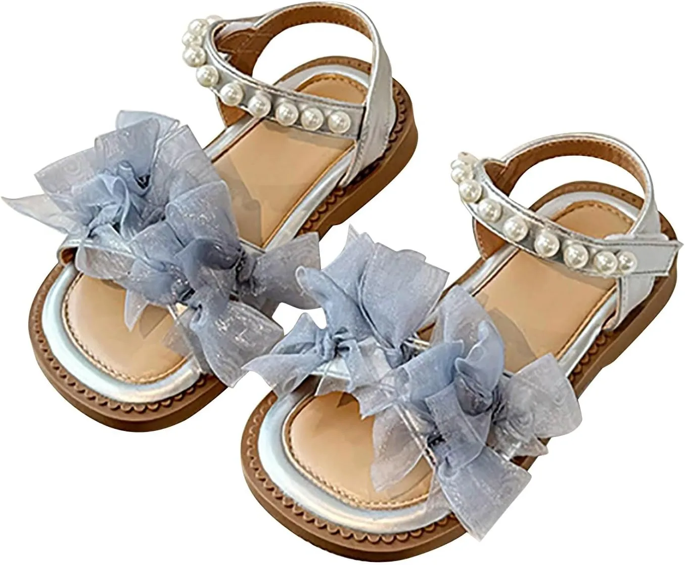 Girls Mesh Pearl Flat Sandals Open Toe Pearl Strap Princess Bridesmaid Party Dress Shoes Kids Cute Summer Shoes