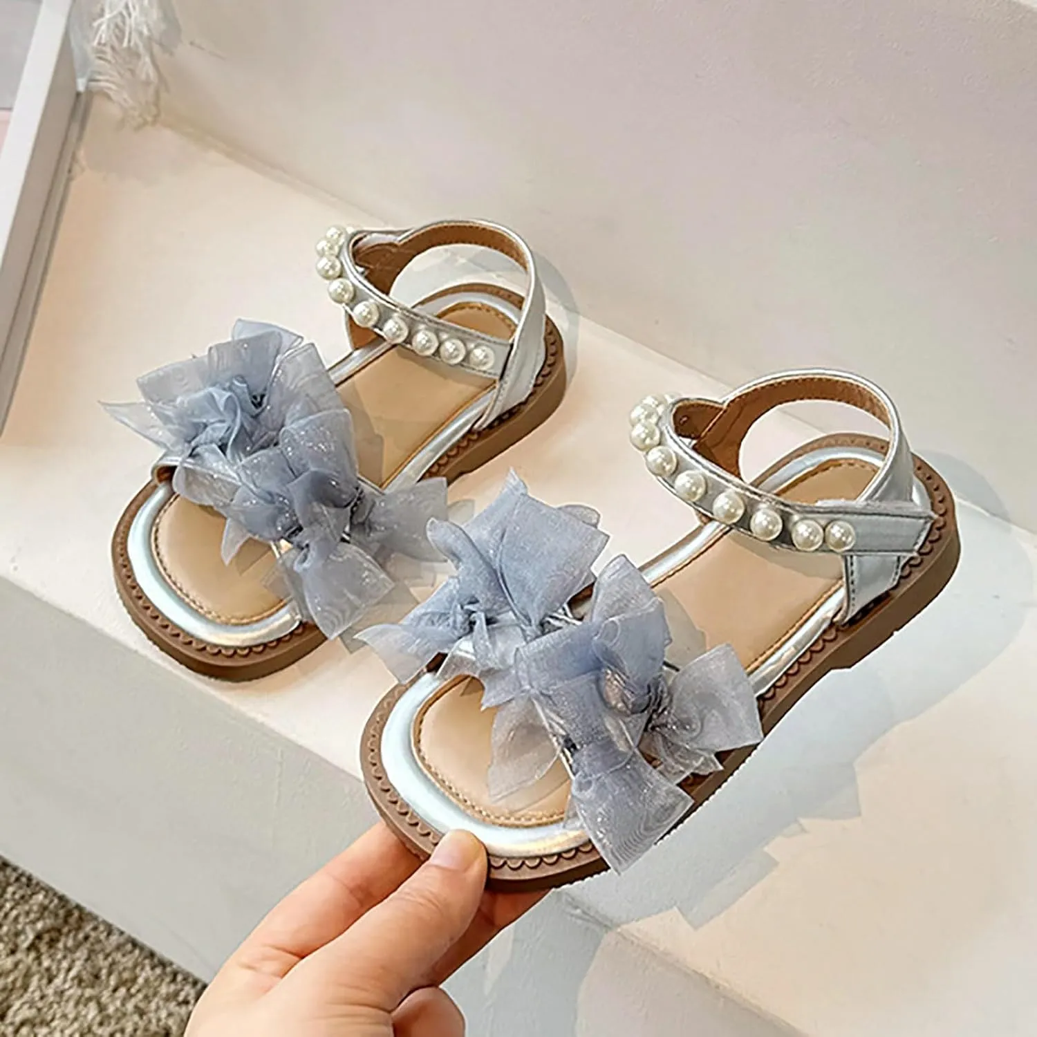 Girls Mesh Pearl Flat Sandals Open Toe Pearl Strap Princess Bridesmaid Party Dress Shoes Kids Cute Summer Shoes