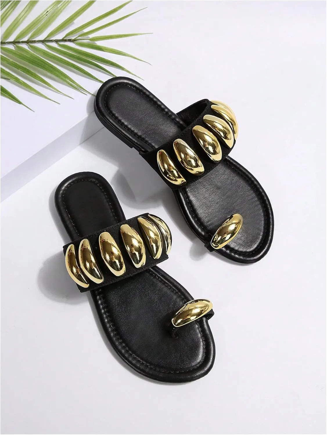 GORGLITTER Women's Gold Metallic Flat Sandals Dressy Open Toe Flip Flops Slides Shoes