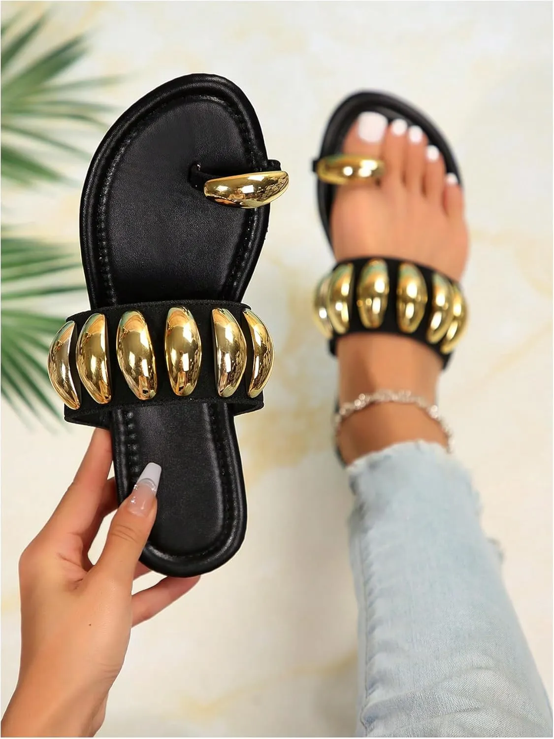 GORGLITTER Women's Gold Metallic Flat Sandals Dressy Open Toe Flip Flops Slides Shoes